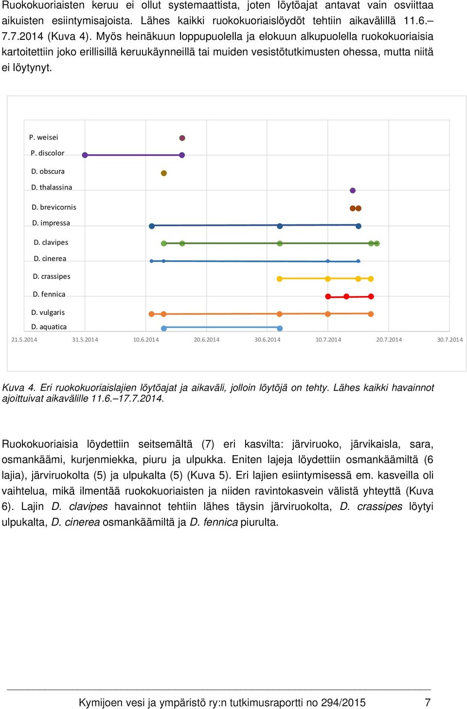 discolor D. obscura D. thalassina D. brevicornis D. impressa D. clavipes D. cinerea D. crassipes D. fennica D. vulgaris D. aquatica 21.5.2014 31.5.2014 10.6.2014 20.6.2014 30.6.2014 10.7.2014 20.7.2014 30.7.2014 Kuva 4.
