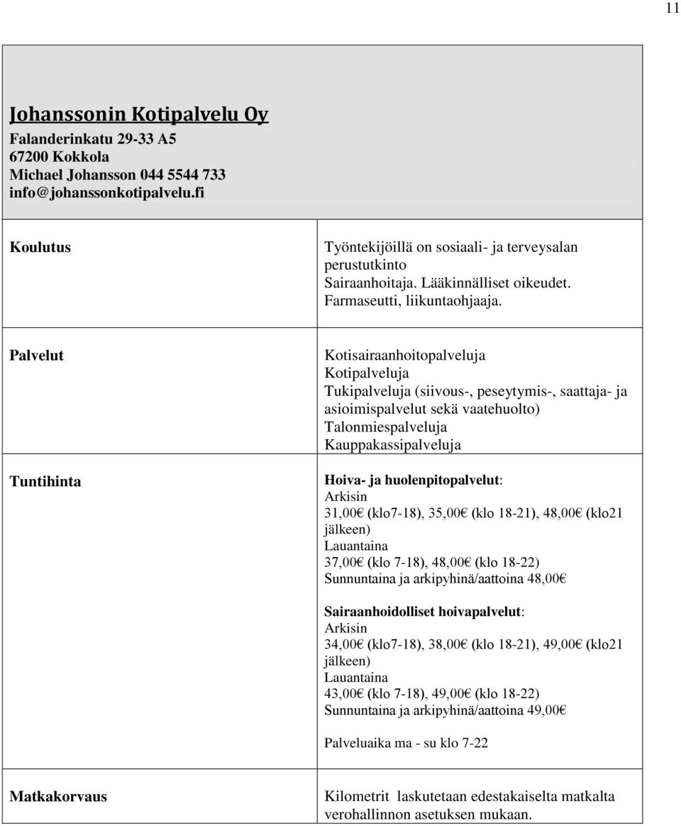 Tuntihinta Kotisairaanhoitopalveluja Kotipalveluja Tukipalveluja (siivous-, peseytymis-, saattaja- ja asioimispalvelut sekä vaatehuolto) Talonmiespalveluja Kauppakassipalveluja Hoiva- ja