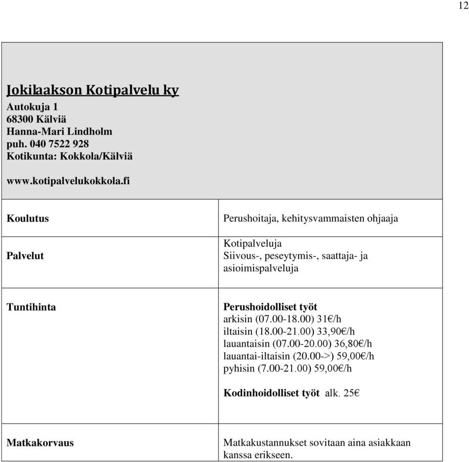 fi Perushoitaja, kehitysvammaisten ohjaaja Kotipalveluja Siivous-, peseytymis-, saattaja- ja asioimispalveluja Tuntihinta