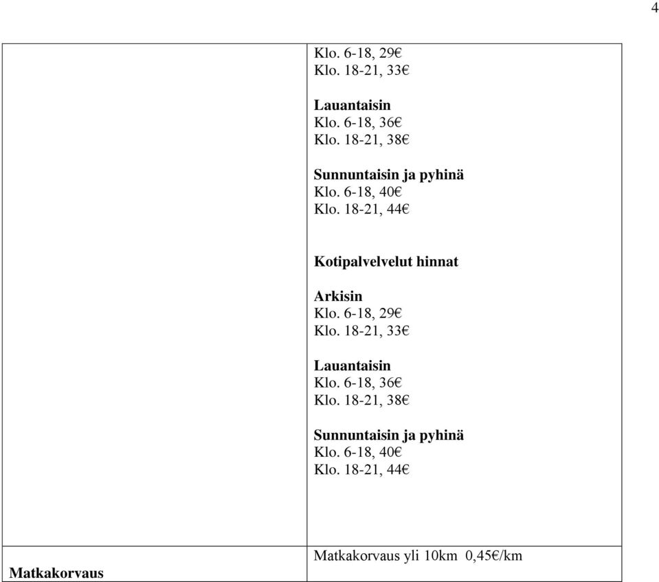 18-21, 44 Kotipalvelvelut hinnat Arkisin Klo. 6-18, 29 Klo.