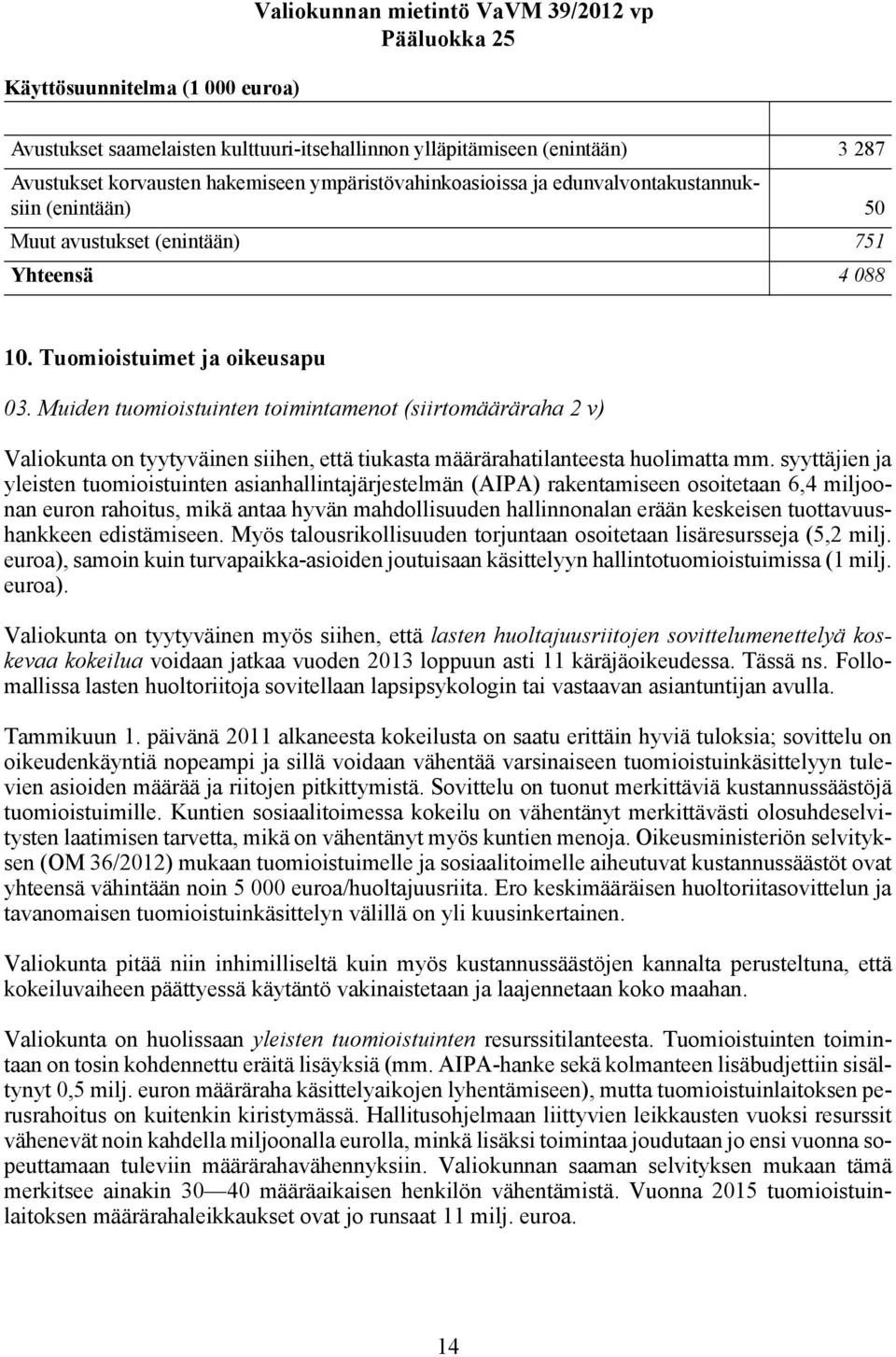 Muiden tuomioistuinten toimintamenot (siirtomääräraha 2 v) Valiokunta on tyytyväinen siihen, että tiukasta määrärahatilanteesta huolimatta mm.