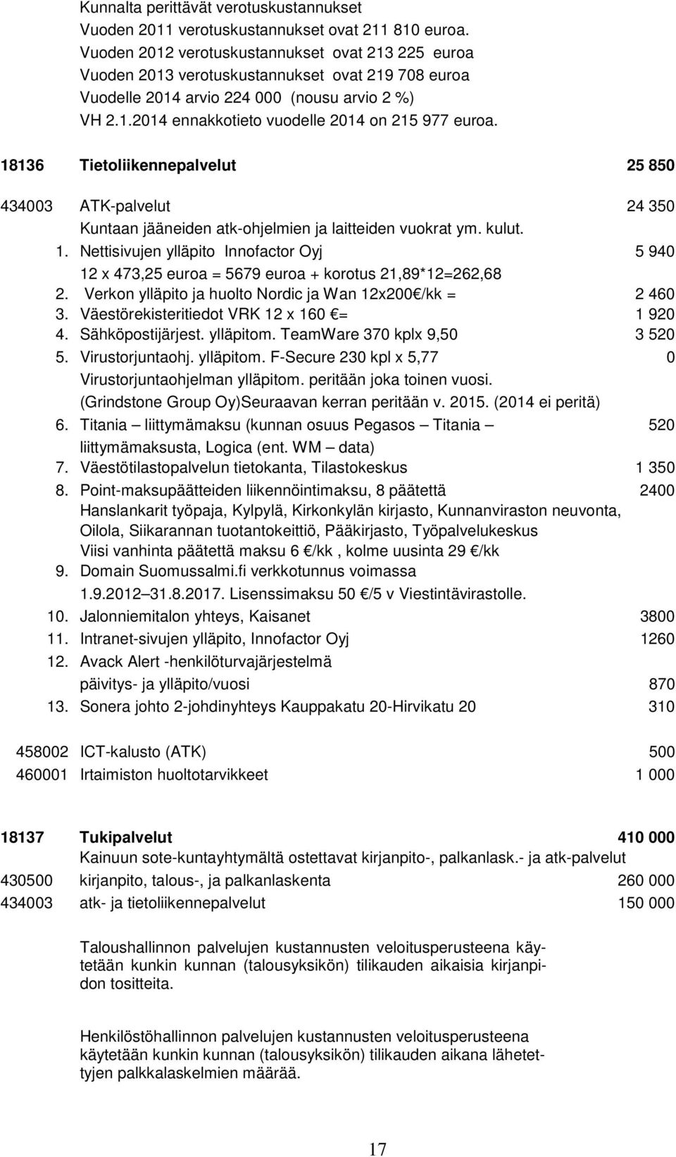 18136 Tietoliikennepalvelut 25 850 434003 ATK-palvelut 24 350 Kuntaan jääneiden atk-ohjelmien ja laitteiden vuokrat ym. kulut. 1.