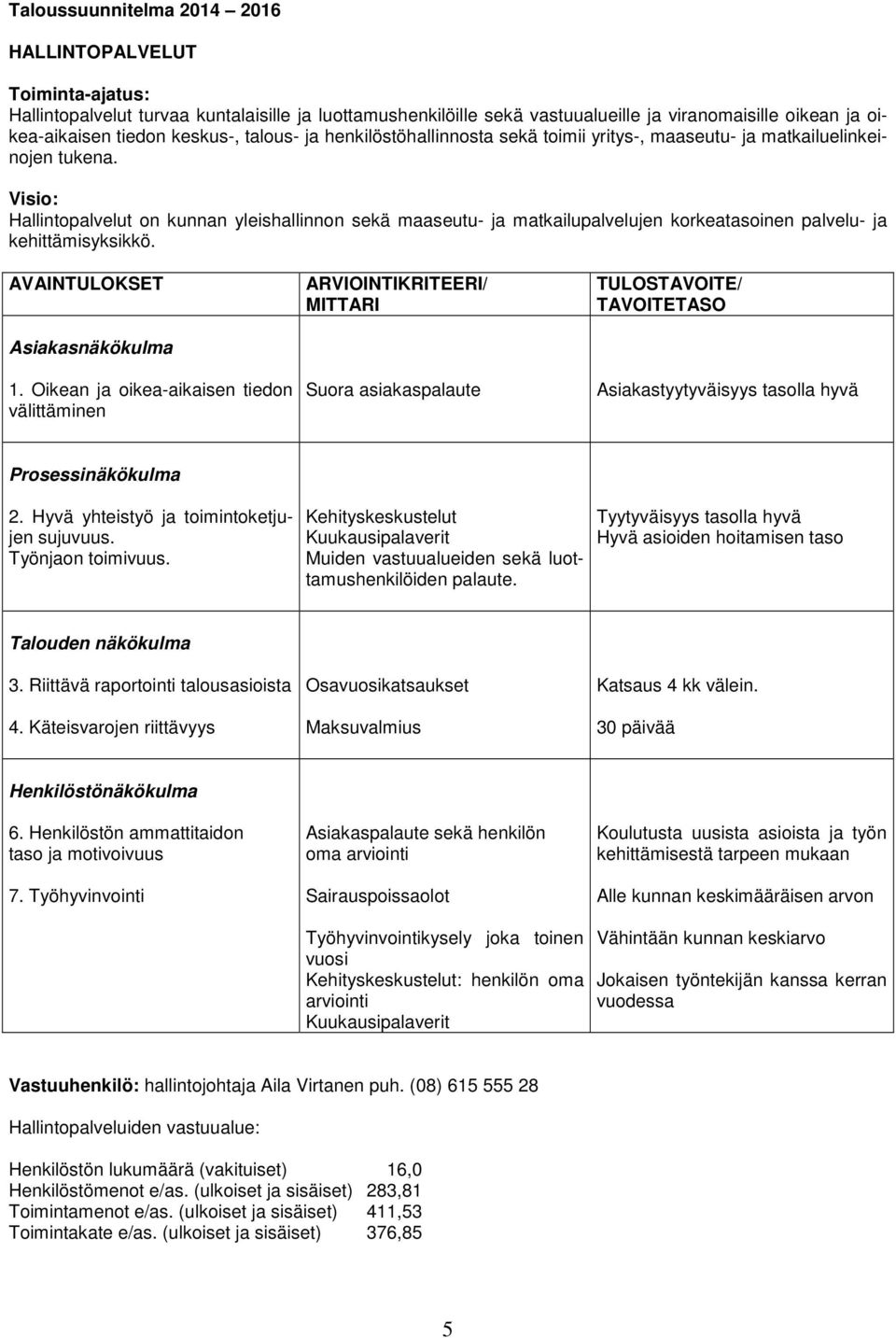 Visio: Hallintopalvelut on kunnan yleishallinnon sekä maaseutu- ja matkailupalvelujen korkeatasoinen palvelu- ja kehittämisyksikkö. AVAINTULOKSET Asiakasnäkökulma 1.