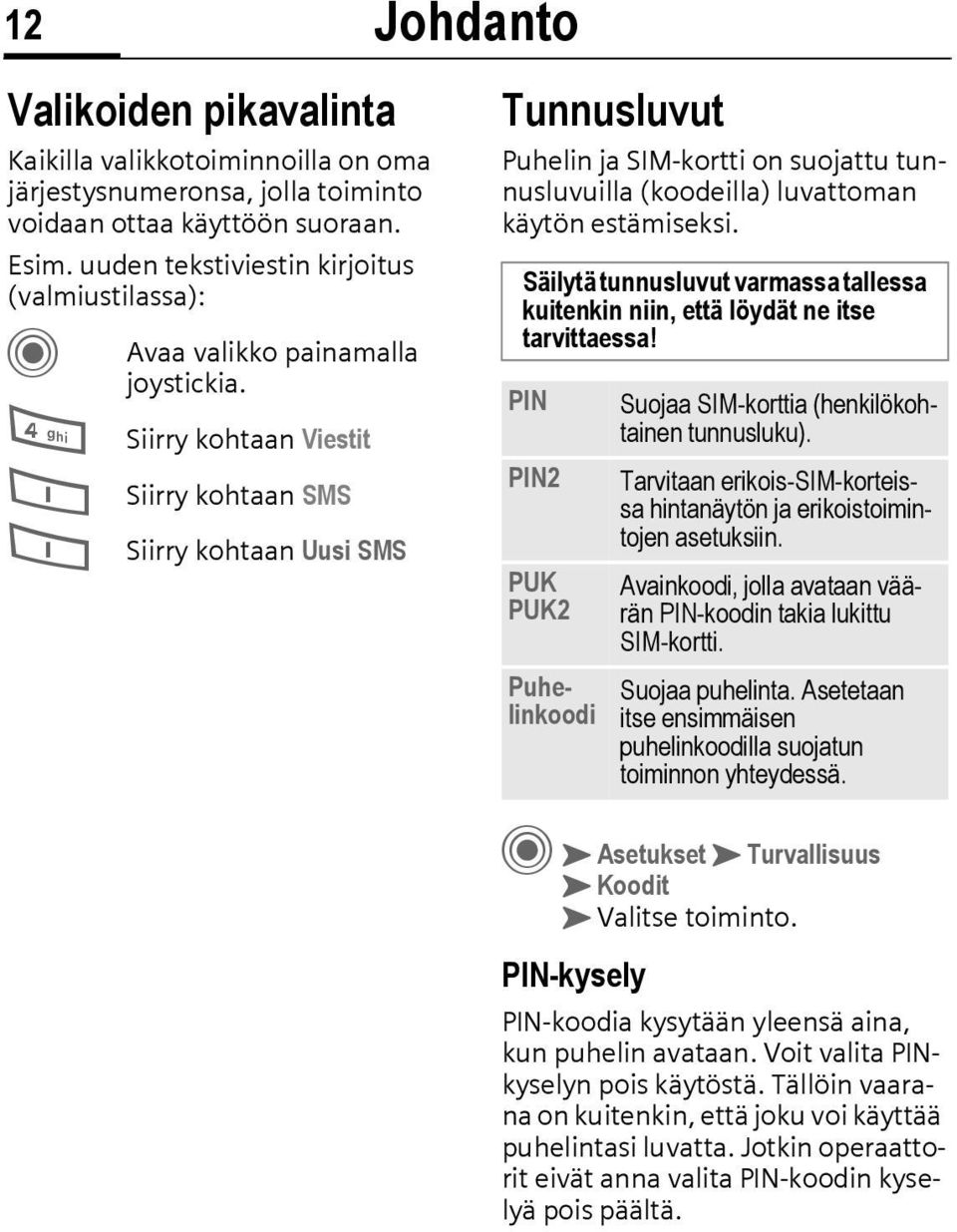 4 Siirry kohtaan Viestit 1 Siirry kohtaan SMS 1 Siirry kohtaan Uusi SMS Johdanto Tunnusluvut Puhelin ja SIM-kortti on suojattu tunnusluvuilla (koodeilla) luvattoman käytön estämiseksi.