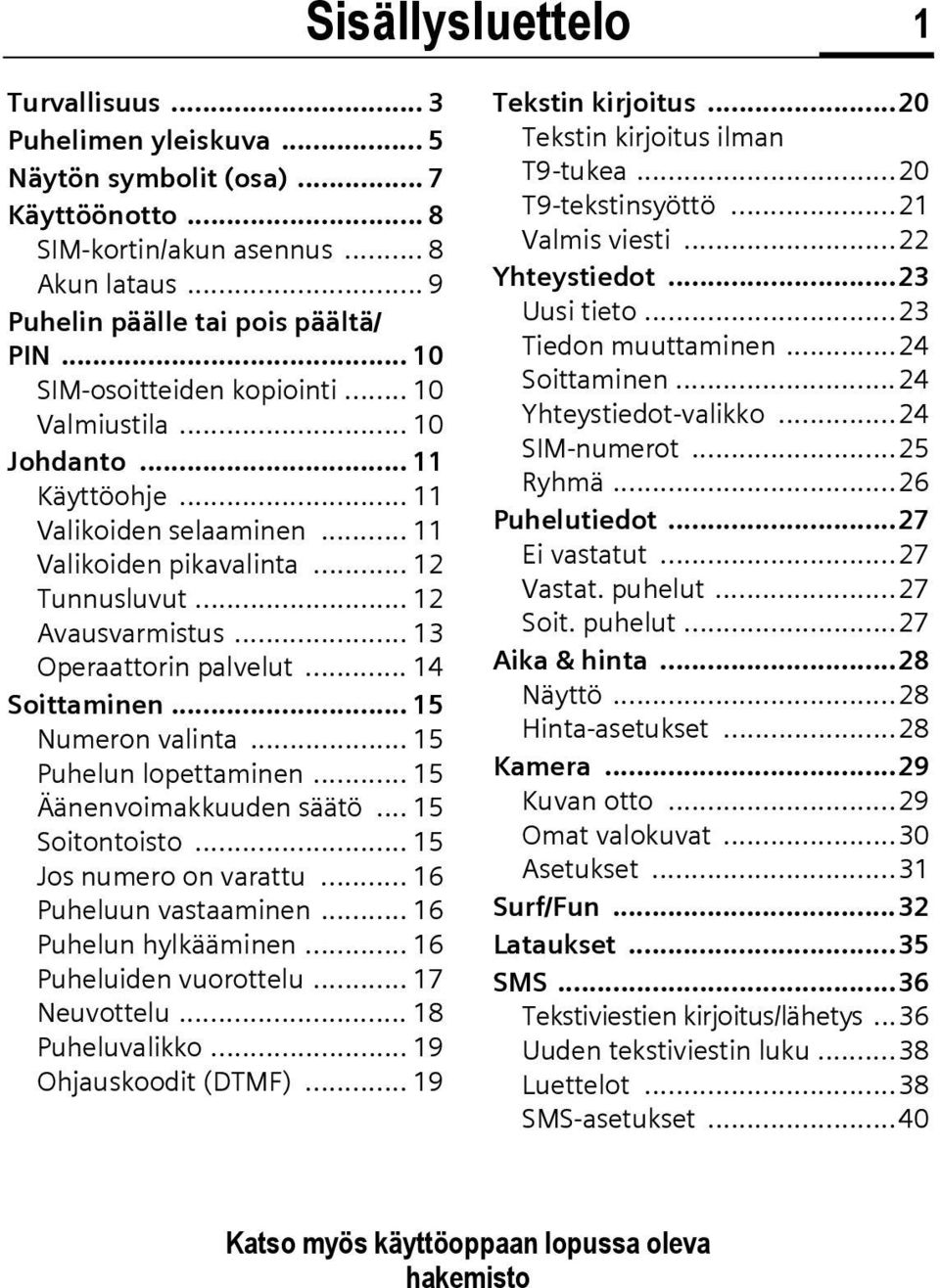 .. 12 Avausvarmistus... 13 Operaattorin palvelut... 14 Soittaminen... 15 Numeron valinta... 15 Puhelun lopettaminen... 15 Äänenvoimakkuuden säätö... 15 Soitontoisto... 15 Jos numero on varattu.