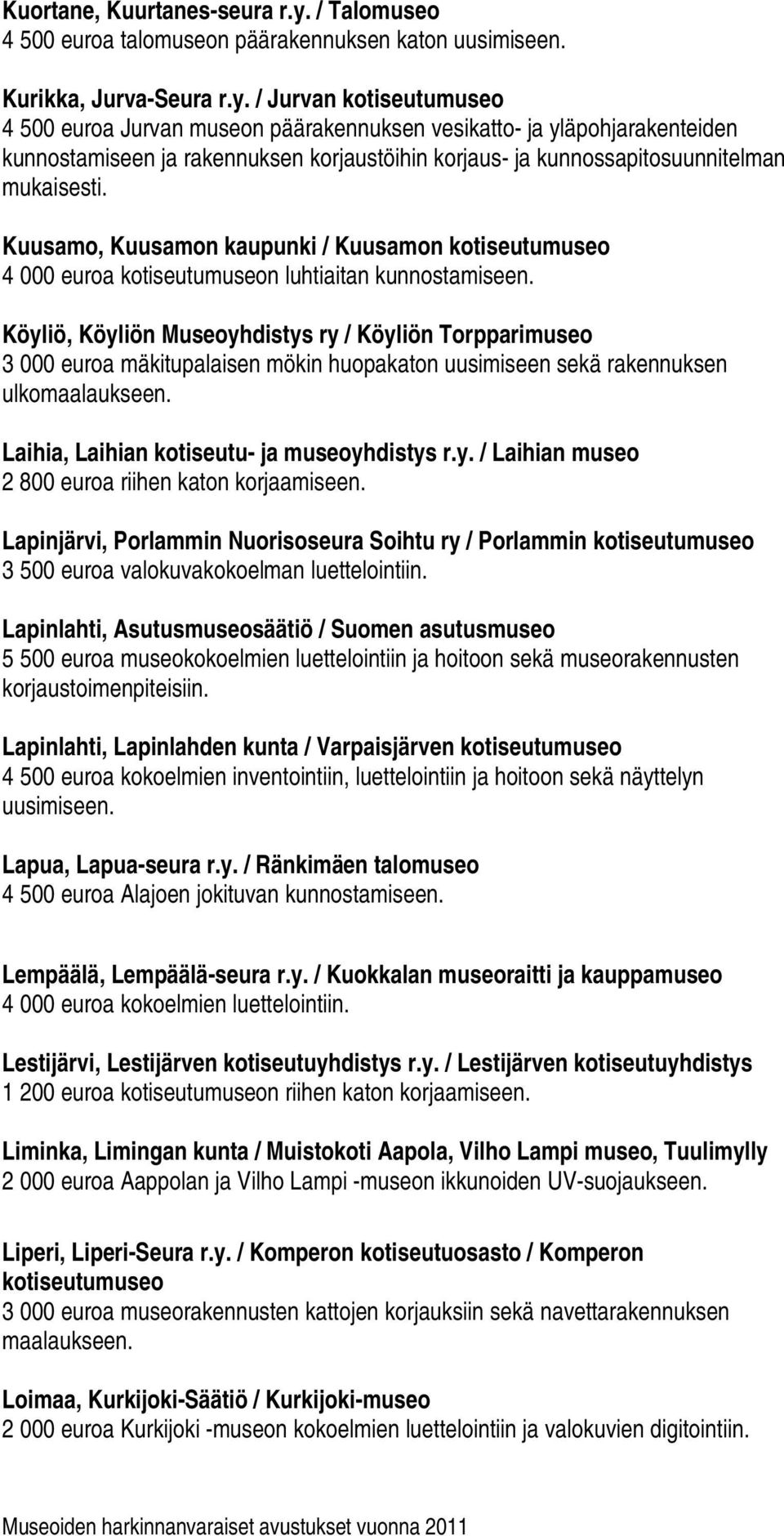 / Jurvan kotiseutumuseo 4 500 euroa Jurvan museon päärakennuksen vesikatto- ja yläpohjarakenteiden kunnostamiseen ja rakennuksen korjaustöihin korjaus- ja kunnossapitosuunnitelman mukaisesti.