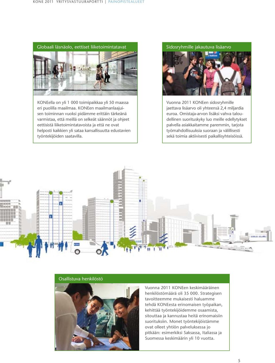 kansallisuutta edustavien työntekijöiden saatavilla. Vuonna 2011 KONEen sidosryhmille jaettava lisäarvo oli yhteensä 2,4 miljardia euroa.