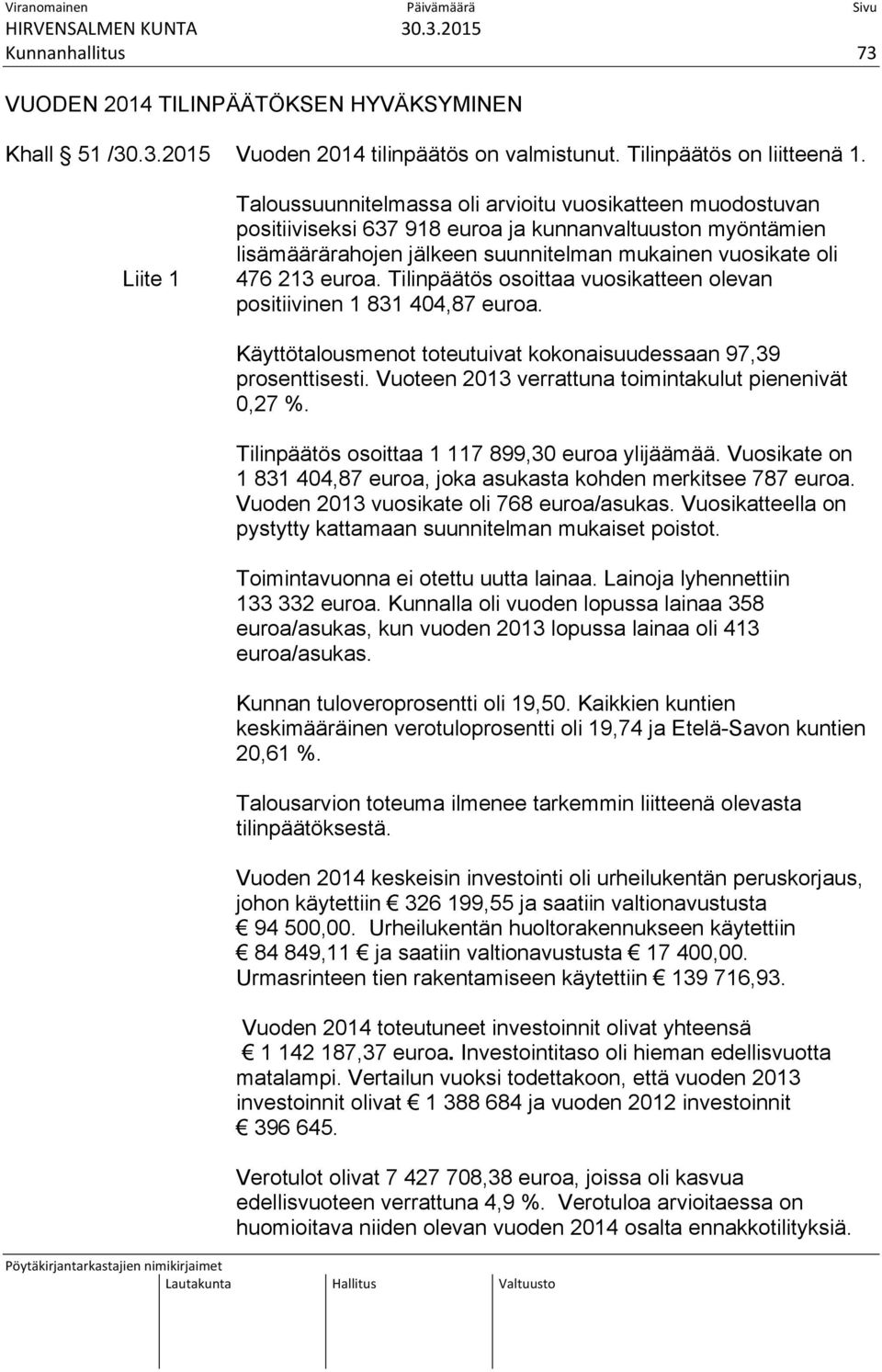 euroa. Tilinpäätös osoittaa vuosikatteen olevan positiivinen 1 831 404,87 euroa. Käyttötalousmenot toteutuivat kokonaisuudessaan 97,39 prosenttisesti.