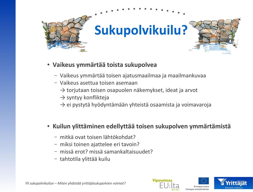 asemaan torjutaan toisen osapuolen näkemykset, ideat ja arvot syntyy konflikteja ei pystytä hyödyntämään yhteistä