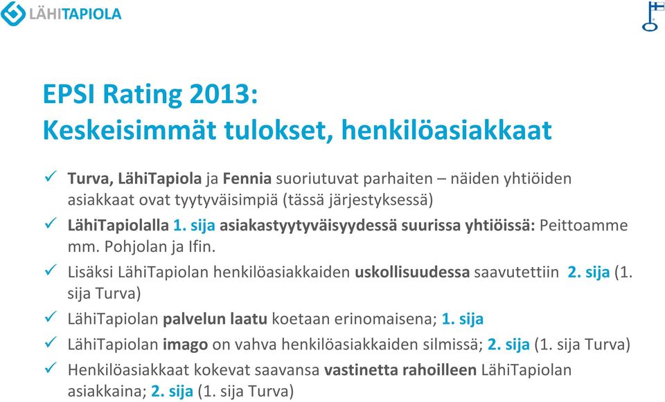 Lisäksi n henkilöasiakkaiden uskollisuudessa saavutettiin 2. sija (1. sija Turva) n palvelun laatu koetaan erinomaisena; 1.