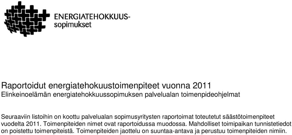 säästötoimenpiteet vuodelta 2011. Toimenpiteiden nimet ovat raportoidussa muodossa.