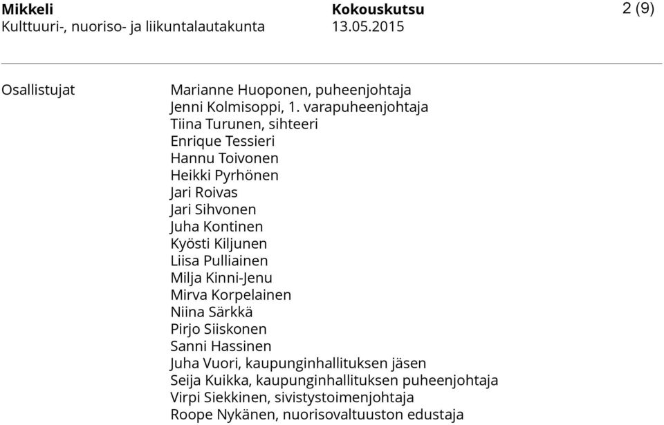 Kontinen Kyösti Kiljunen Liisa Pulliainen Milja Kinni-Jenu Mirva Korpelainen Niina Särkkä Pirjo Siiskonen Sanni Hassinen Juha