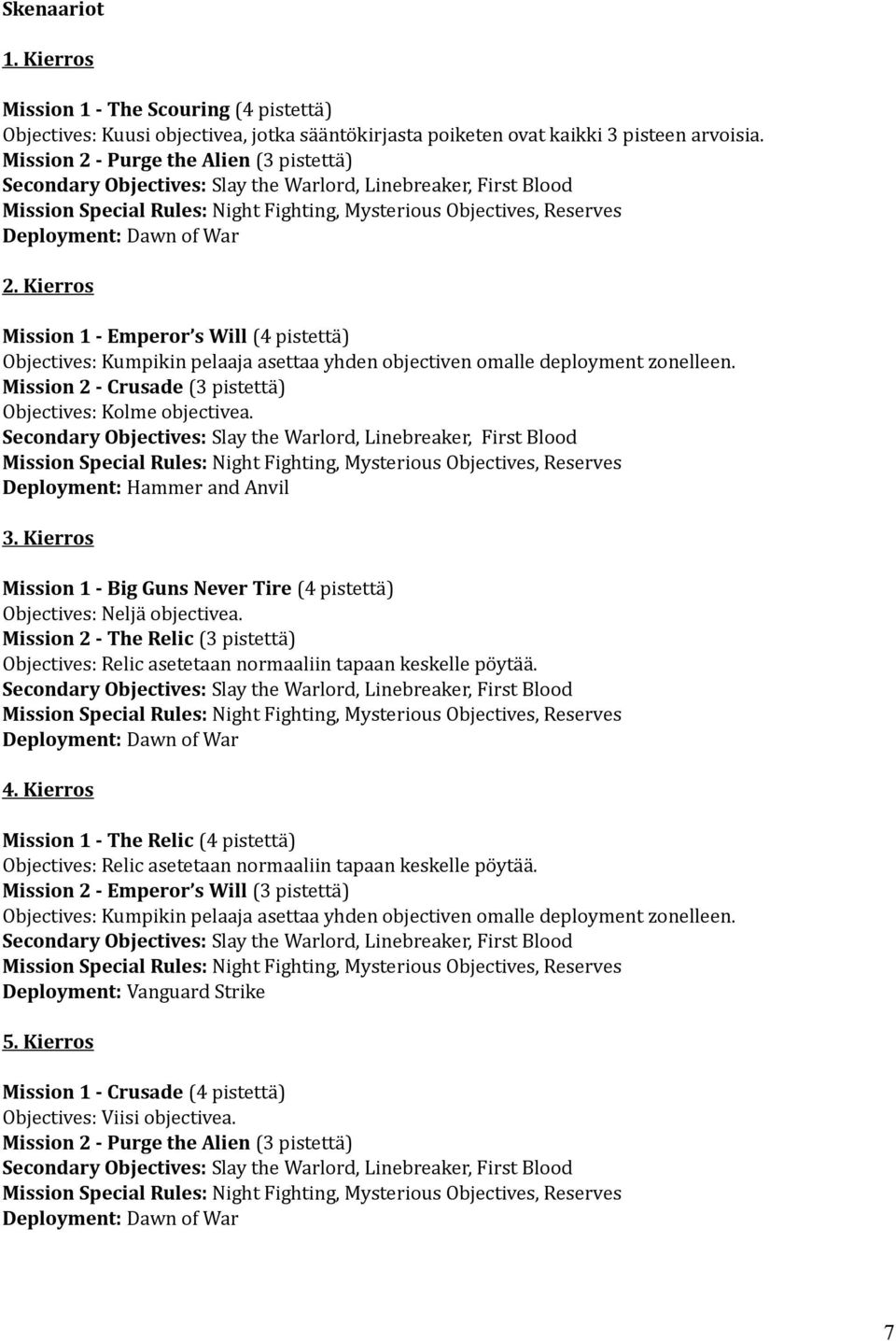 Mission 2 - Crusade (3 pistettä) Objectives: Kolme objectivea. Deployment: Hammer and Anvil 3. Kierros Mission 1 - Big Guns Never Tire (4 pistettä) Objectives: Neljä objectivea.