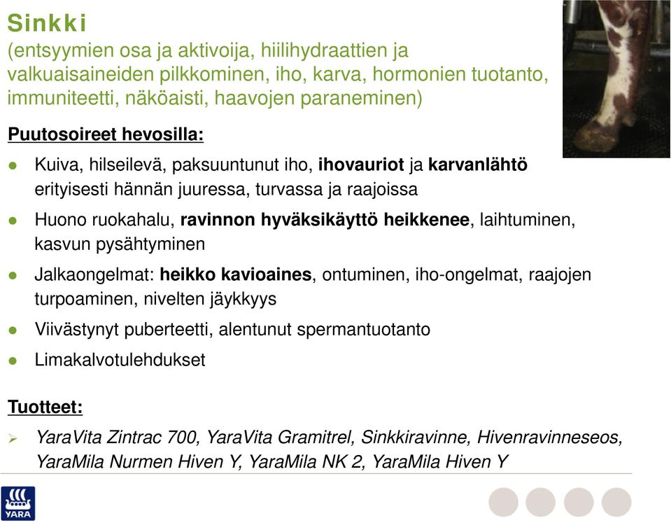 hyväksikäyttö heikkenee, laihtuminen, kasvun pysähtyminen Jalkaongelmat: heikko kavioaines, ontuminen, iho-ongelmat, raajojen turpoaminen, nivelten jäykkyys Viivästynyt