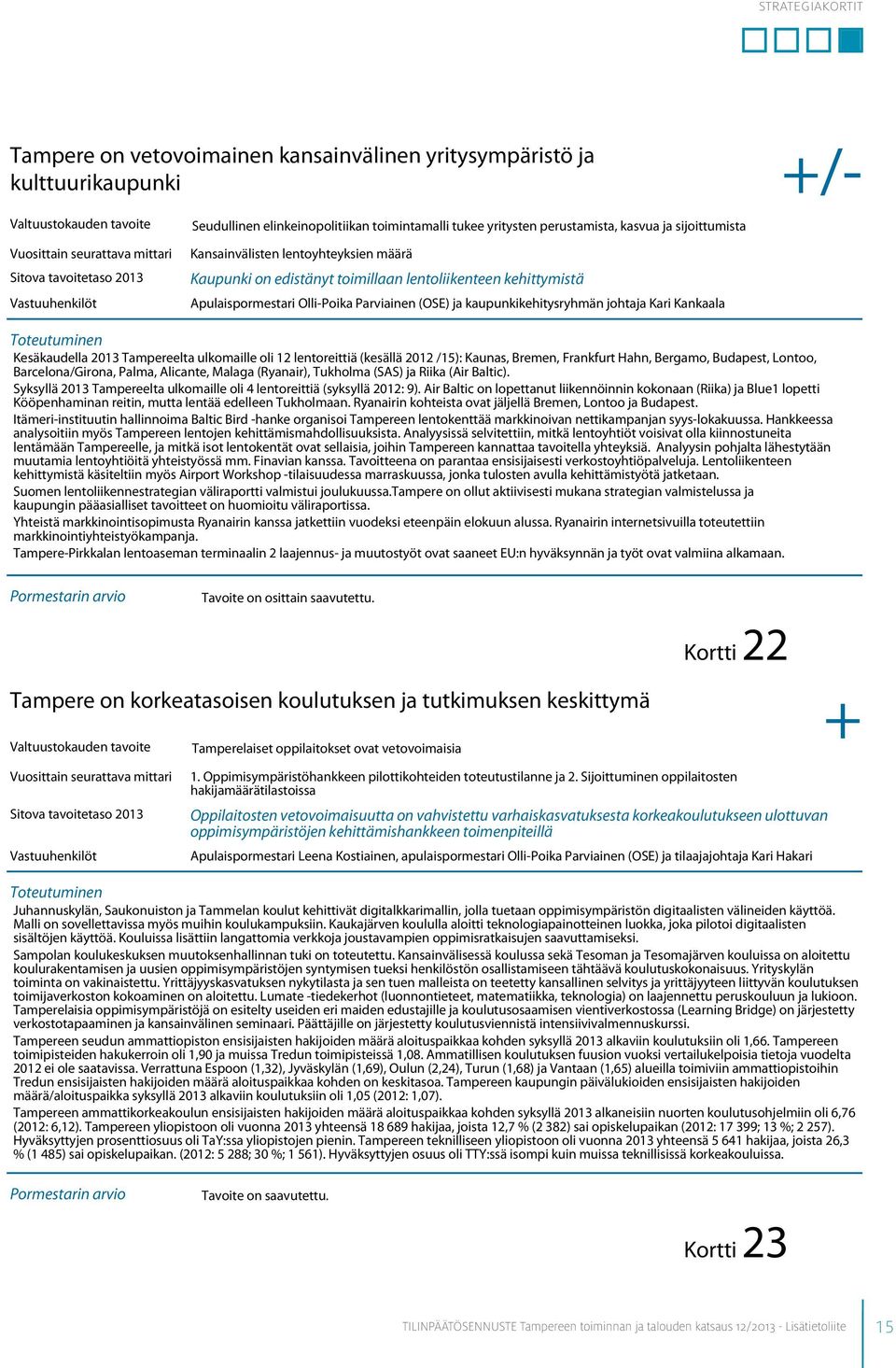 Kari Kankaala Kesäkaudella 2013 Tampereelta ulkomaille oli 12 lentoreittiä (kesällä 2012 /15): Kaunas, Bremen, Frankfurt Hahn, Bergamo, Budapest, Lontoo, Barcelona/Girona, Palma, Alicante, Malaga