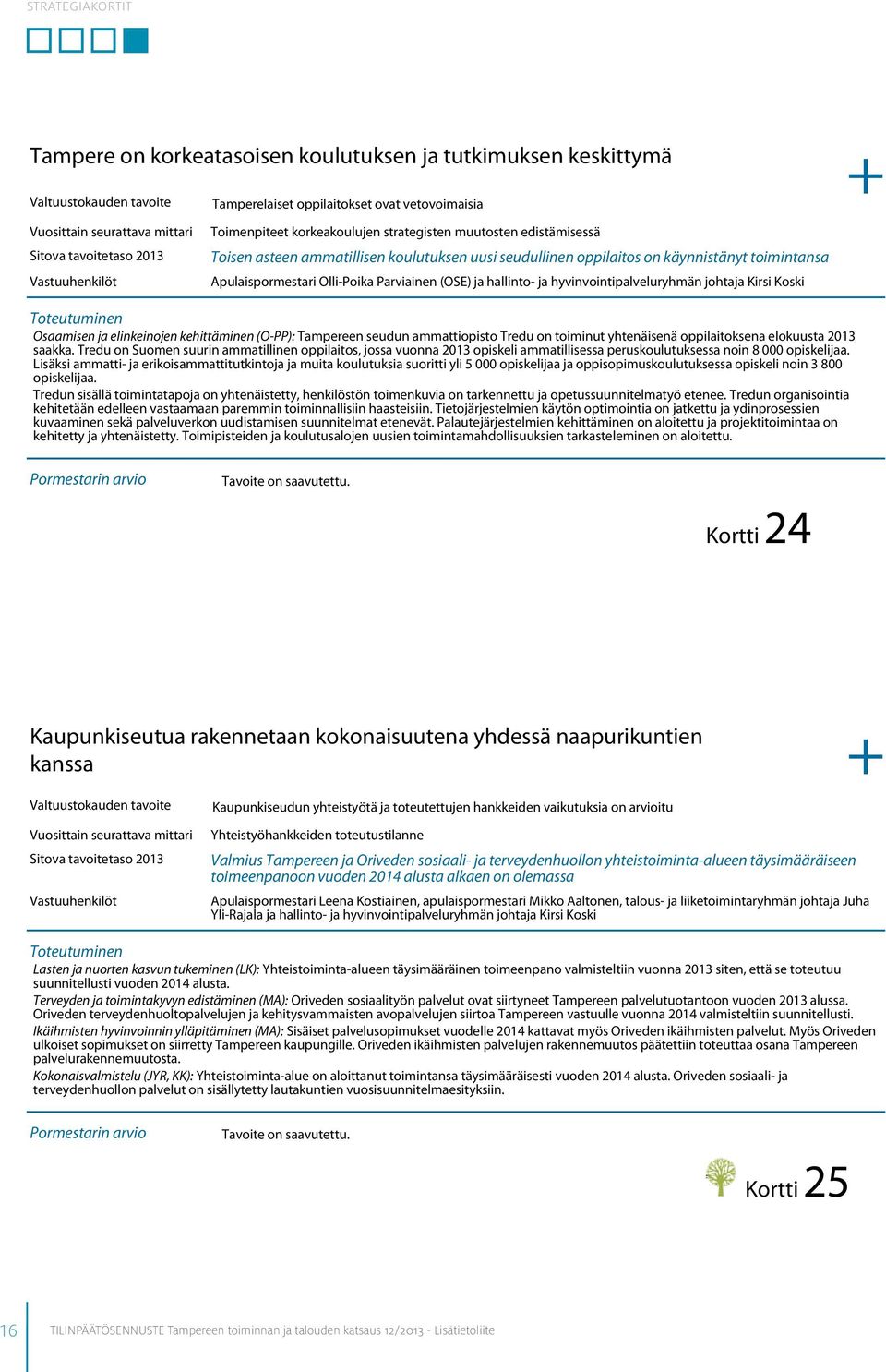 hyvinvointipalveluryhmän johtaja Kirsi Koski Osaamisen ja elinkeinojen kehittäminen (O-PP): Tampereen seudun ammattiopisto Tredu on toiminut yhtenäisenä oppilaitoksena elokuusta 2013 saakka.