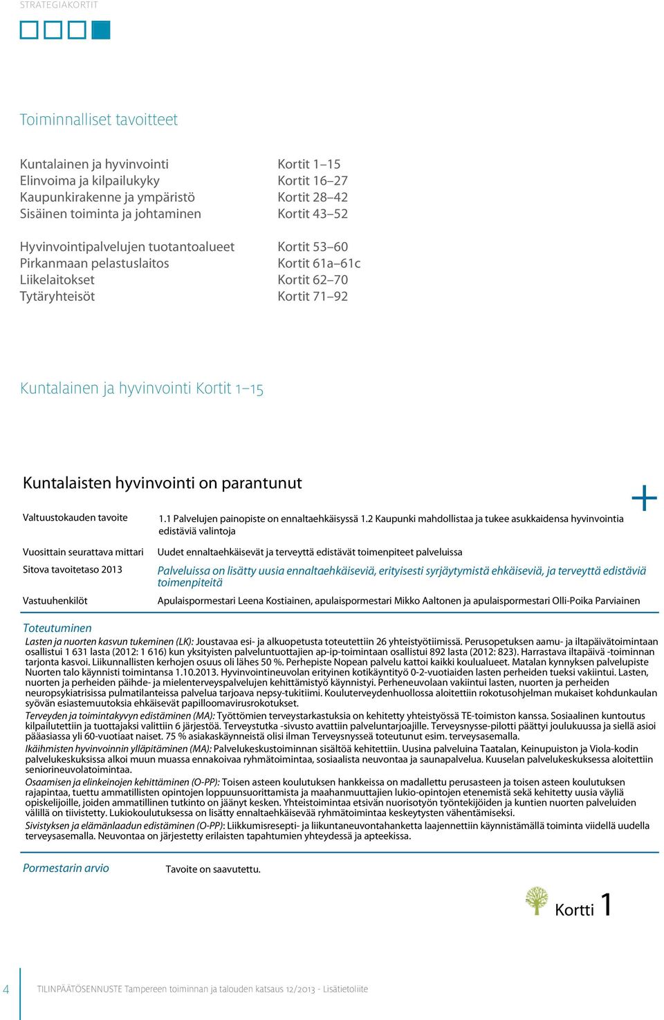 Kuntalaisten hyvinvointi on parantunut Valtuustokauden tavoite 1.1 Palvelujen painopiste on ennaltaehkäisyssä 1.