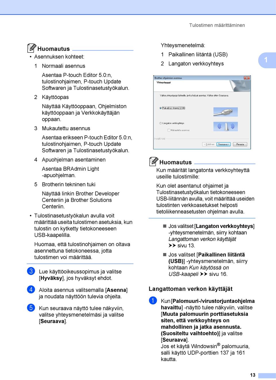 0:n, tulostinohjaimen, P-touch Update Softwaren ja Tulostinasetustyökalun. 4 Apuohjelman asentaminen Asentaa BRAdmin Light -apuohjelman.