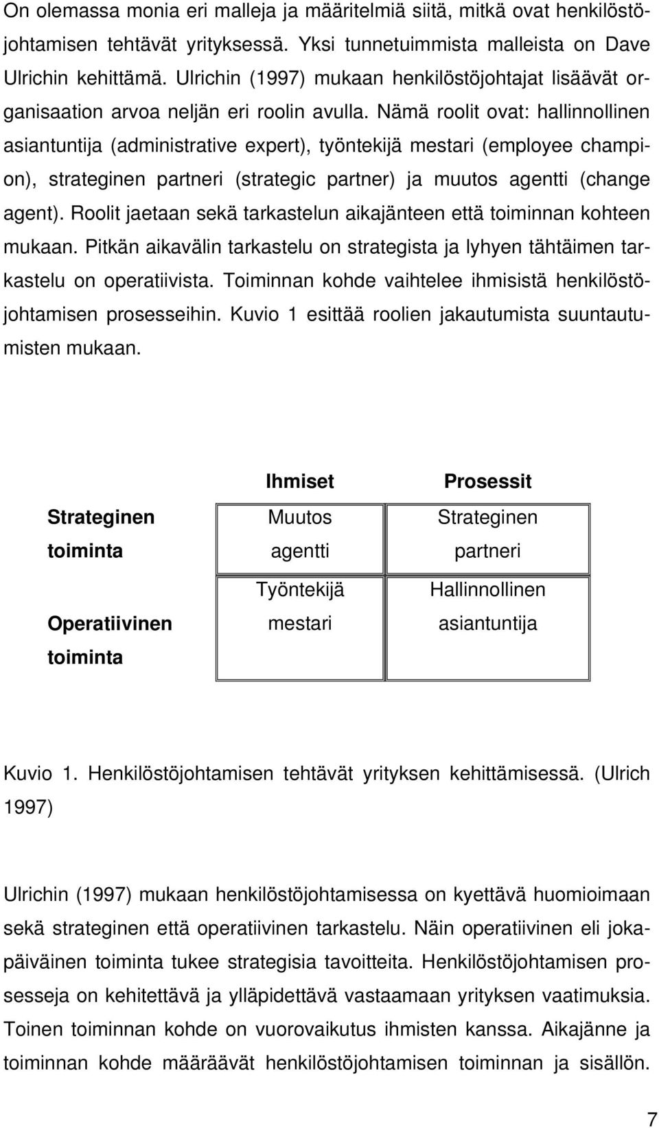 Nämä roolit ovat: hallinnollinen asiantuntija (administrative expert), työntekijä mestari (employee champion), strateginen partneri (strategic partner) ja muutos agentti (change agent).