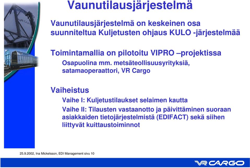 metsäteollisuusyrityksiä, satamaoperaattori, VR Cargo Vaiheistus Vaihe I: Kuljetustilaukset selaimen kautta Vaihe II: