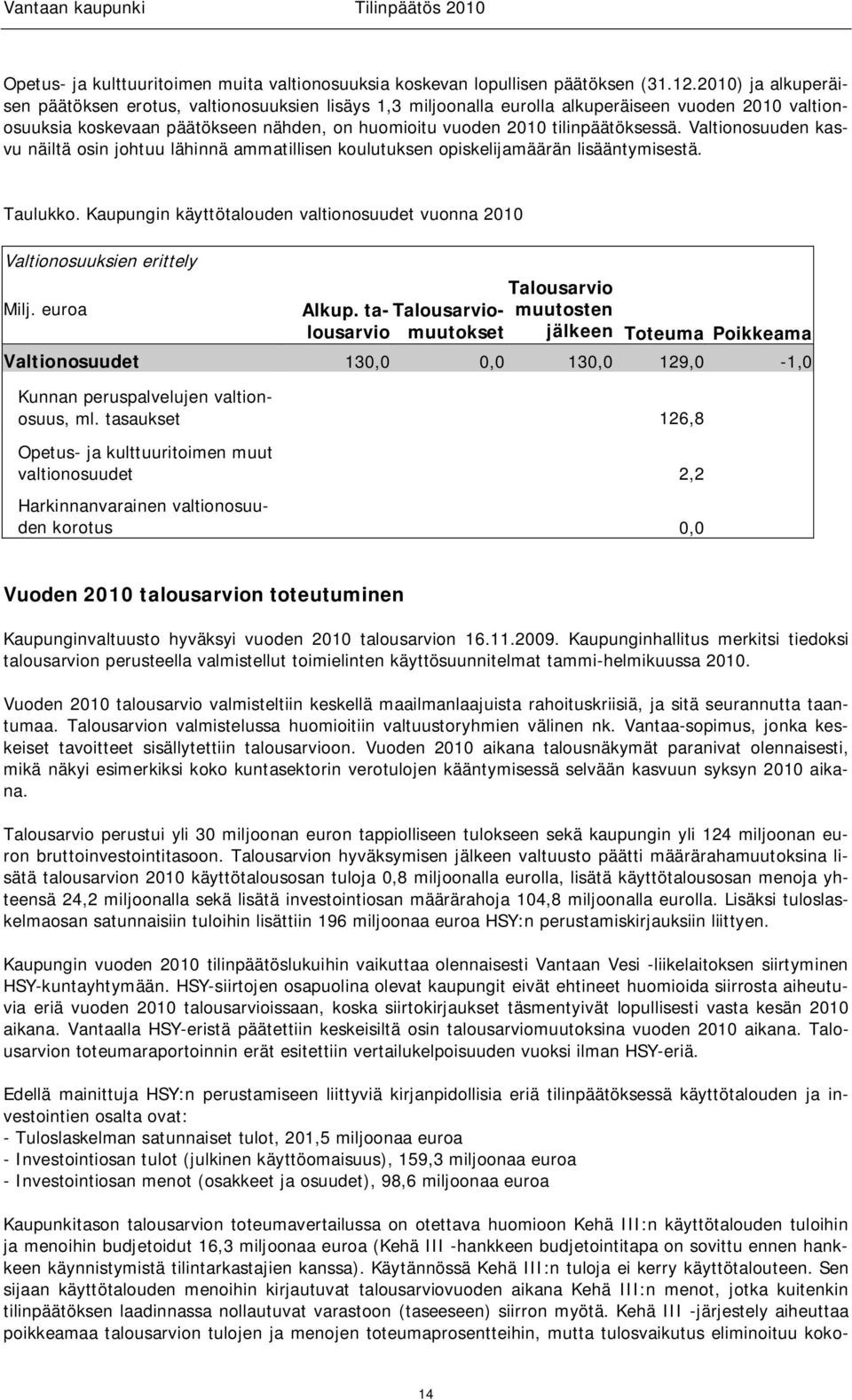 tilinpäätöksessä. Valtionosuuden kasvu näiltä osin johtuu lähinnä ammatillisen koulutuksen opiskelijamäärän lisääntymisestä. Taulukko.