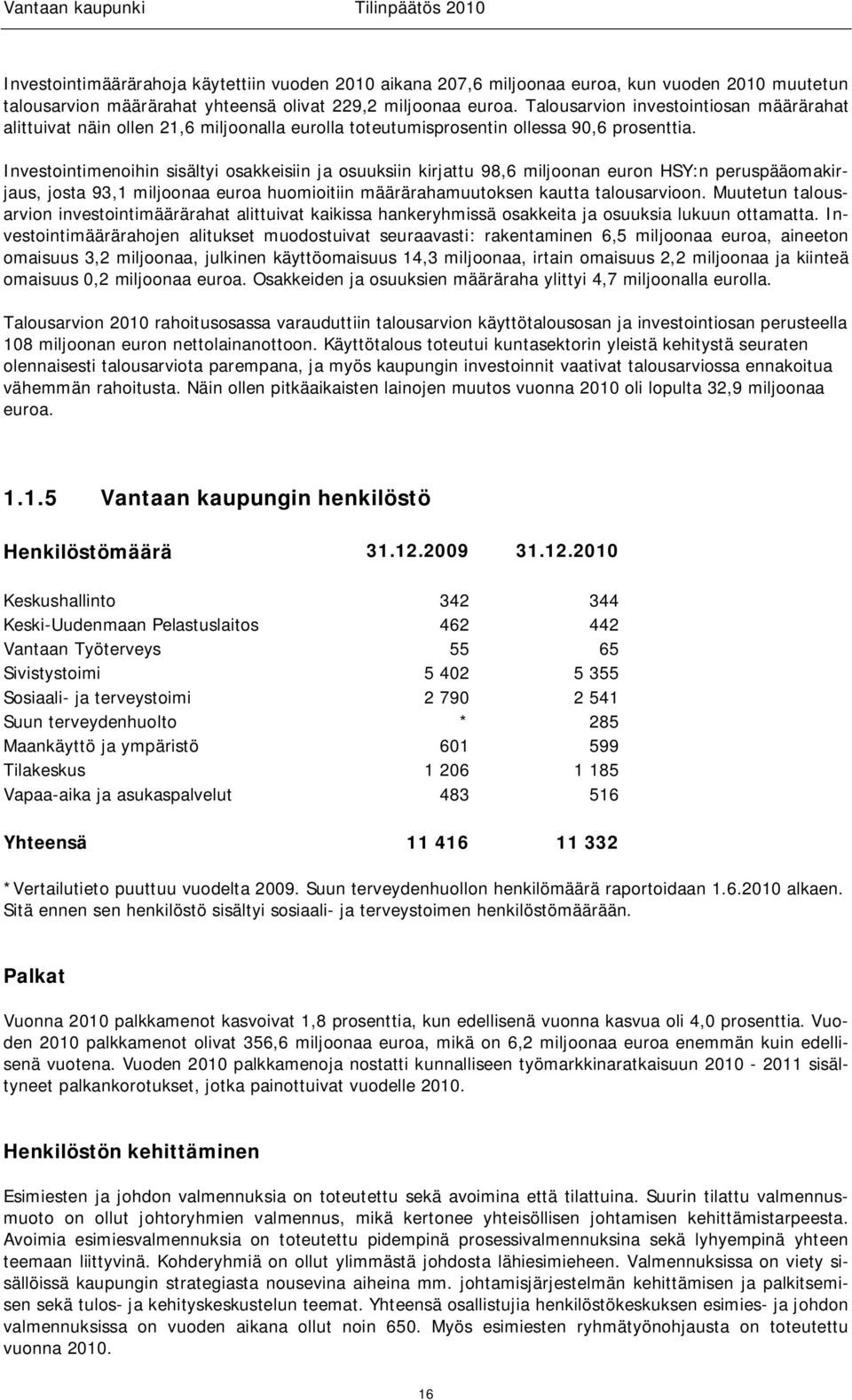 Investointimenoihin sisältyi osakkeisiin ja osuuksiin kirjattu 98,6 miljoonan euron HSY:n peruspääomakirjaus, josta 93,1 miljoonaa euroa huomioitiin määrärahamuutoksen kautta talousarvioon.