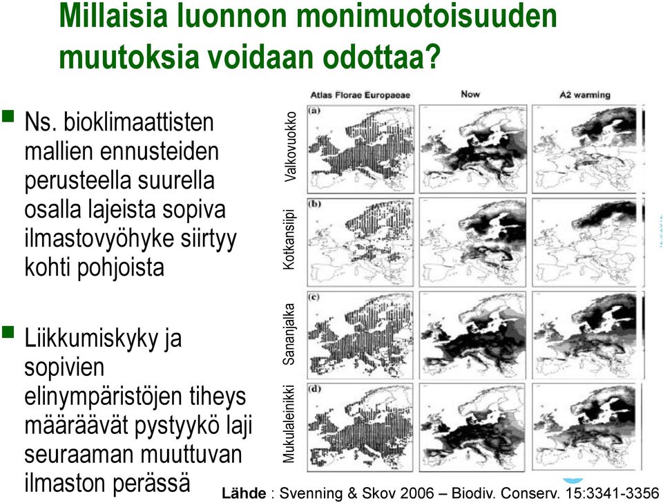 bioklimaattisten mallien ennusteiden perusteella suurella osalla lajeista sopiva ilmastovyöhyke siirtyy