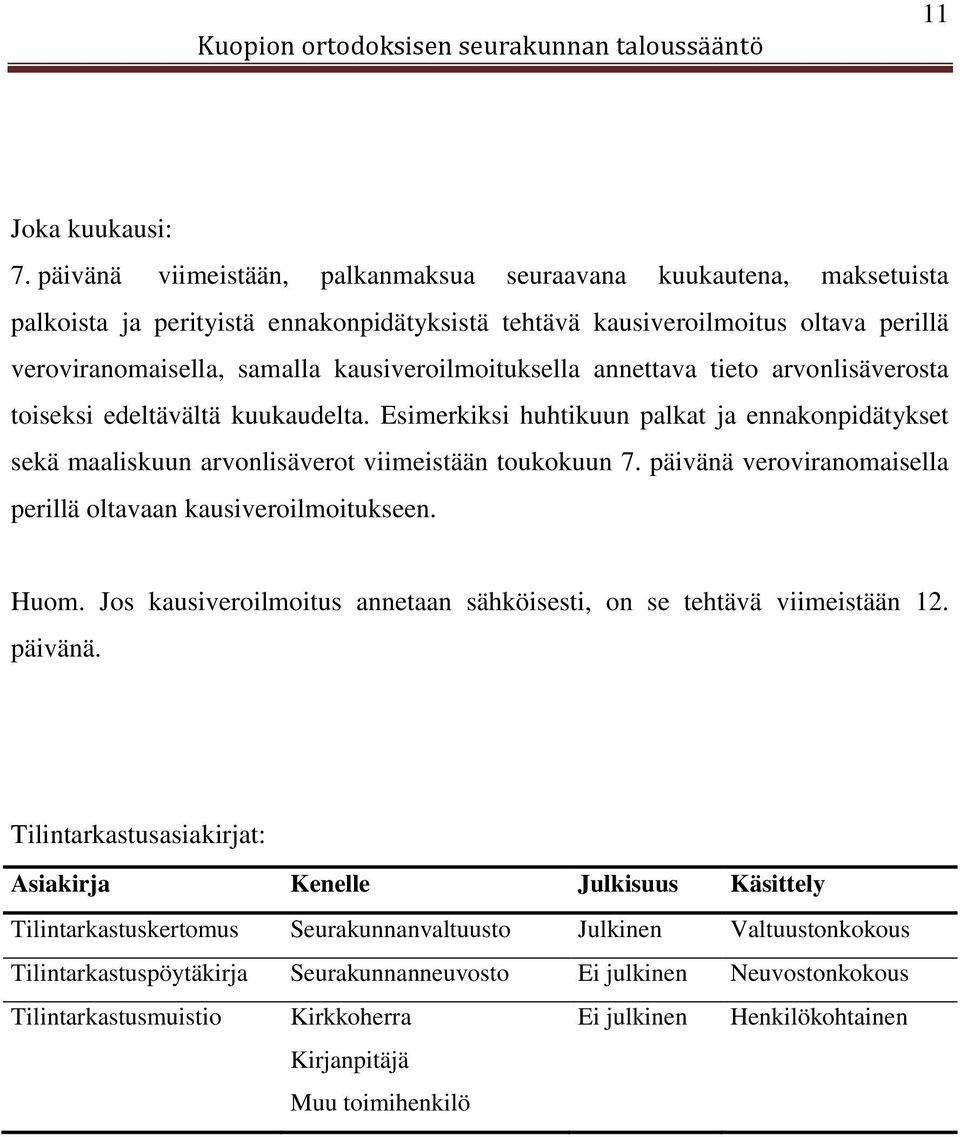 kausiveroilmoituksella annettava tieto arvonlisäverosta toiseksi edeltävältä kuukaudelta. Esimerkiksi huhtikuun palkat ja ennakonpidätykset sekä maaliskuun arvonlisäverot viimeistään toukokuun 7.