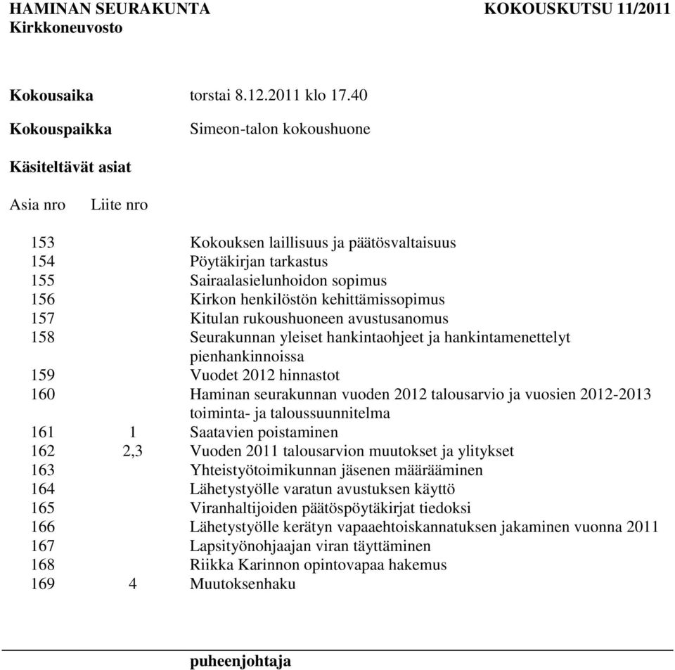 henkilöstön kehittämissopimus 157 Kitulan rukoushuoneen avustusanomus 158 Seurakunnan yleiset hankintaohjeet ja hankintamenettelyt pienhankinnoissa 159 Vuodet 2012 hinnastot 160 Haminan seurakunnan