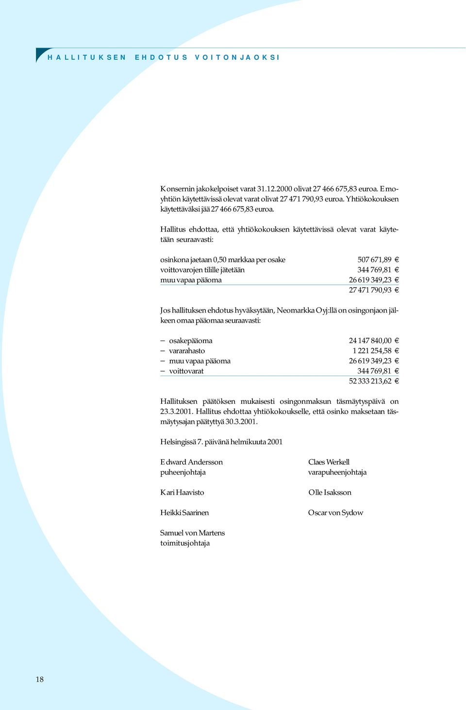 Hallitus ehdottaa, että yhtiökokouksen käytettävissä olevat varat käytetään seuraavasti: osinkona jaetaan 0,50 markkaa per osake 507 671,89 voittovarojen tilille jätetään 344 769,81 muu vapaa pääoma