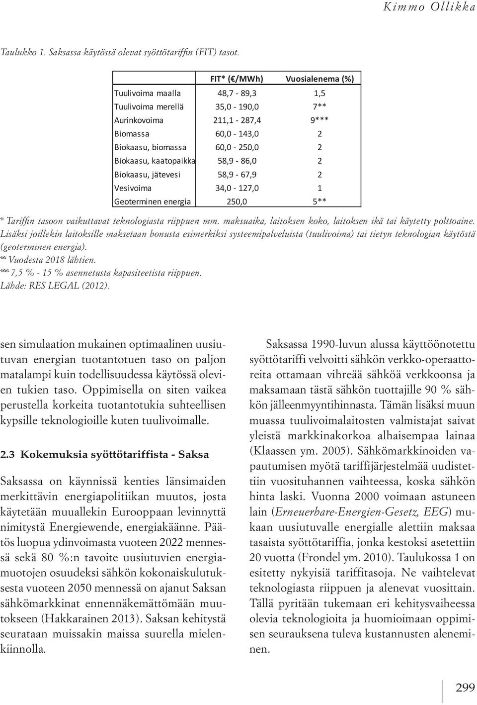 FIT* ( /MWh) Vuosialenema (%) Tuulivoima maalla 48,7-89,3 1,5 Tuulivoima merellä 35,0-190,0 7** Aurinkovoima 211,1-287,4 9*** Biomassa 60,0-143,0 2 Biokaasu, biomassa 60,0-250,0 2 Biokaasu,