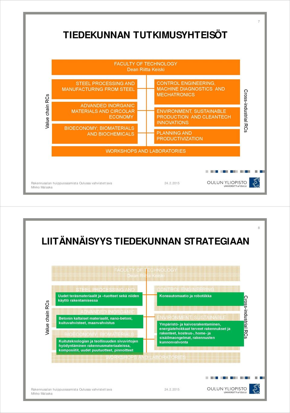 RCs WORKSHOPS AND LABORATORIES 8 LIITÄNNÄISYYS TIEDEKUNNAN STRATEGIAAN FACULTY OF TECHNOLOGY Dean Riitta Keiski Value chain RCs STEEL PROCESSING AND MANUFACTURING FROM STEEL Uudet teräsmateriaalit ja