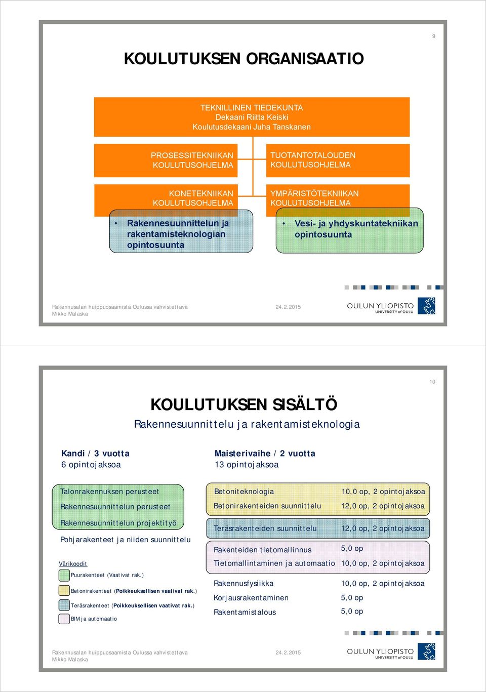 opintojaksoa Talonrakennuksen perusteet Rakennesuunnittelun perusteet Rakennesuunnittelun projektityö Pohjarakenteet ja niiden suunnittelu Värikoodit Puurakenteet (Vaativat rak.