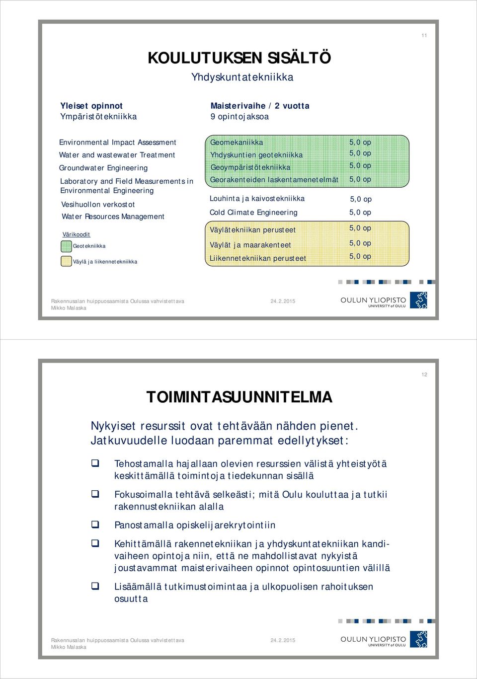 Yhdyskuntien geotekniikka Geoympäristötekniikka Georakenteiden laskentamenetelmät Louhinta ja kaivostekniikka Cold Climate Engineering Väylätekniikan perusteet Väylät ja maarakenteet