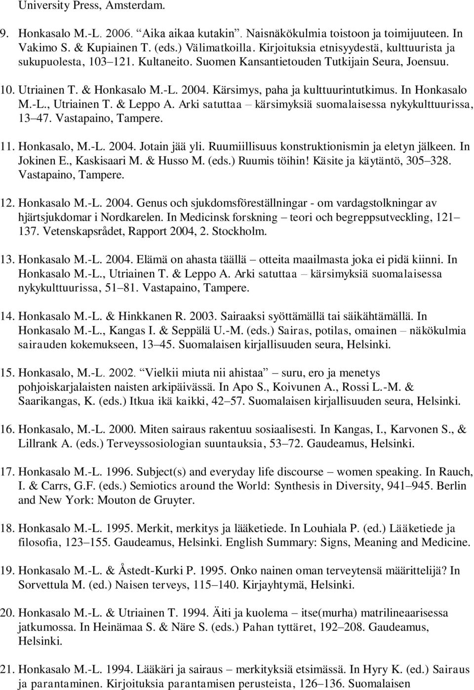 Kärsimys, paha ja kulttuurintutkimus. In Honkasalo M.-L., Utriainen T. & Leppo A. Arki satuttaa kärsimyksiä suomalaisessa nykykulttuurissa, 13 47. Vastapaino, Tampere. 11. Honkasalo, M.-L. 2004.