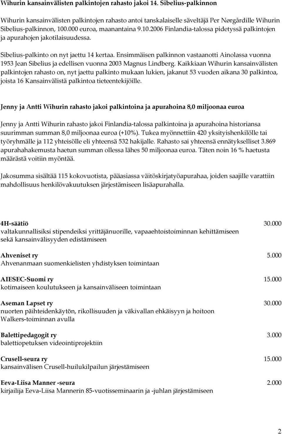 Ensimmäisen palkinnon vastaanotti Ainolassa vuonna 1953 Jean Sibelius ja edellisen vuonna 2003 Magnus Lindberg.