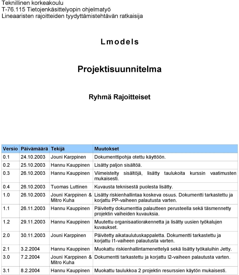 2003 Jouni Karppinen Dokumenttipohja otettu käyttöön. 0.2 25.10.2003 Hannu Kauppinen Lisätty paljon sisältöä. 0.3 26.10.2003 Hannu Kauppinen Viimeistelty sisältöjä, lisätty taulukoita kurssin vaatimusten mukaisesti.