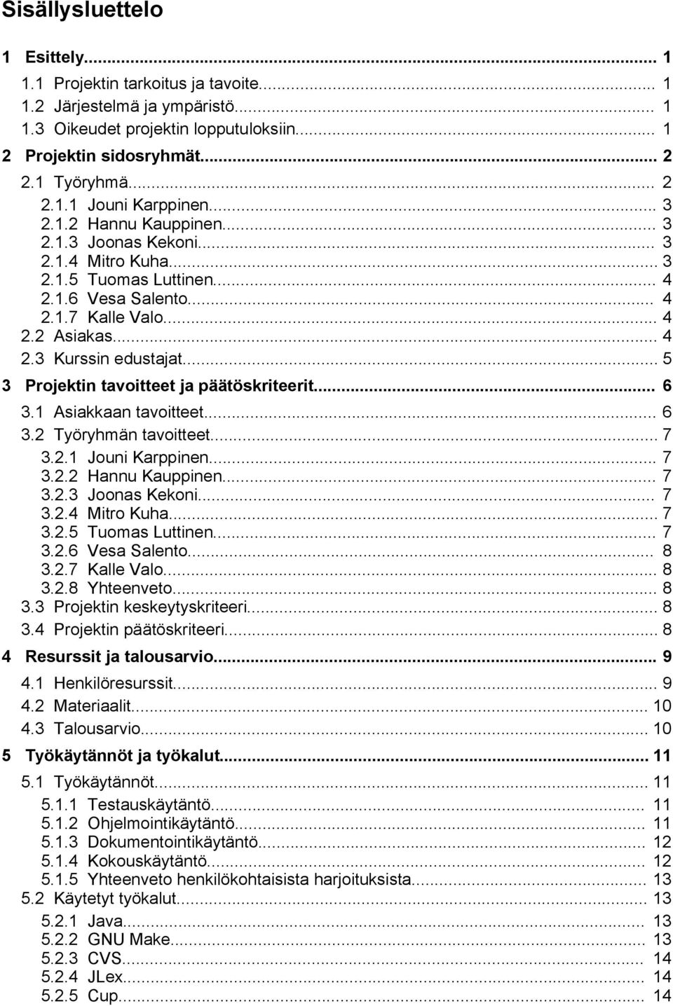 .. 5 3 Projektin tavoitteet ja päätöskriteerit... 6 3.1 Asiakkaan tavoitteet... 6 3.2 Työryhmän tavoitteet... 7 3.2.1 Jouni Karppinen... 7 3.2.2 Hannu Kauppinen... 7 3.2.3 Joonas Kekoni... 7 3.2.4 Mitro Kuha.