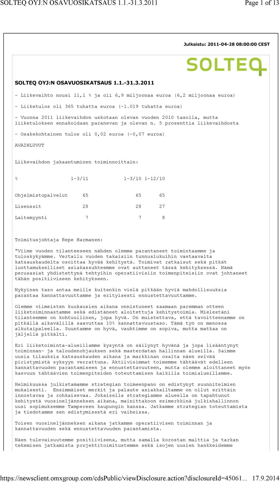 5 prosenttia liikevaihdosta - Osakekohtainen tulos oli 0,02 euroa (-0,07 euroa) AVAINLUVUT Liikevaihdon jakaantuminen toiminnoittain: % 1-3/11 1-3/10 1-12/10 Ohjelmistopalvelut 65 65 65 Lisenssit 28