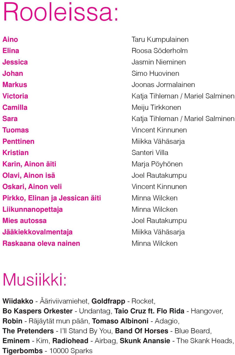 Mariel Salminen Vincent Kinnunen Miikka Vähäsarja Santeri Villa Marja Pöyhönen Joel Rautakumpu Vincent Kinnunen Minna Wilcken Minna Wilcken Joel Rautakumpu Miikka Vähäsarja Minna Wilcken Musiikki: