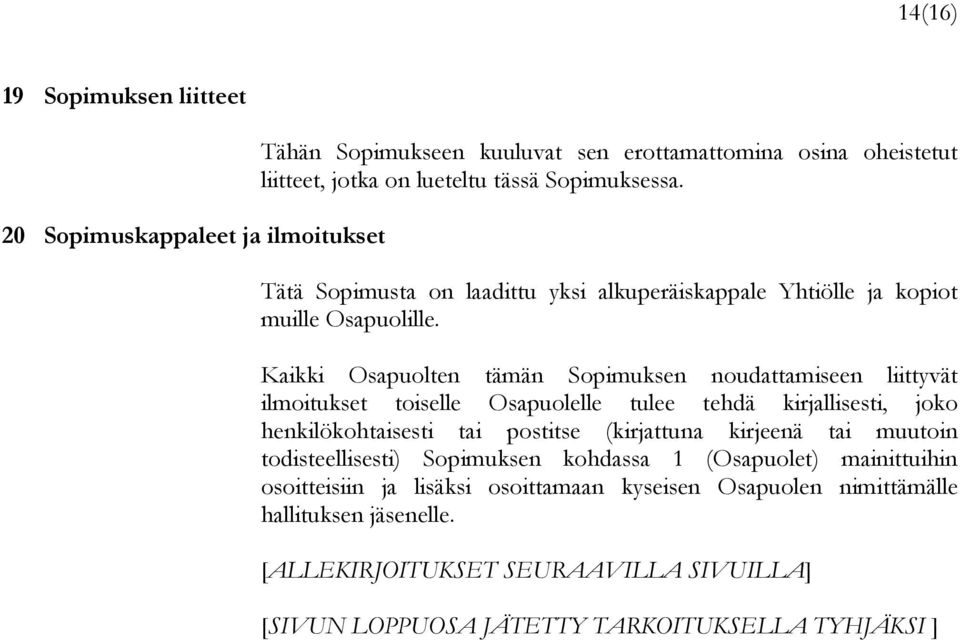 Kaikki Osapuolten tämän Sopimuksen noudattamiseen liittyvät ilmoitukset toiselle Osapuolelle tulee tehdä kirjallisesti, joko henkilökohtaisesti tai postitse (kirjattuna