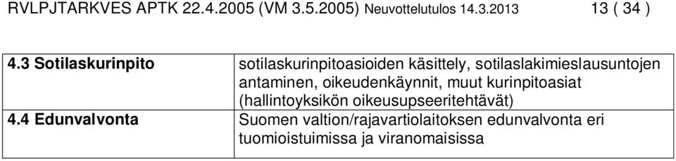 antaminen, oikeudenkäynnit, muut kurinpitoasiat (hallintoyksikön oikeusupseeritehtävät)