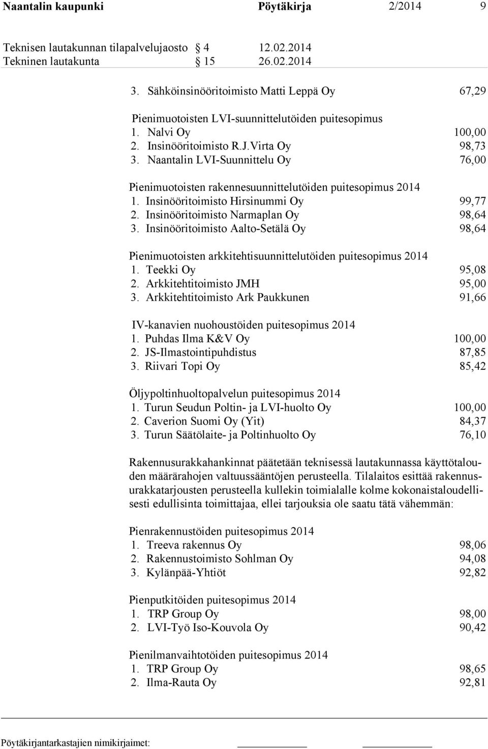 Naantalin LVI-Suunnittelu Oy 76,00 Pienimuotoisten rakennesuunnittelutöiden puitesopimus 2014 1. Insinööritoimisto Hirsinummi Oy 99,77 2. Insinööritoimisto Narmaplan Oy 98,64 3.