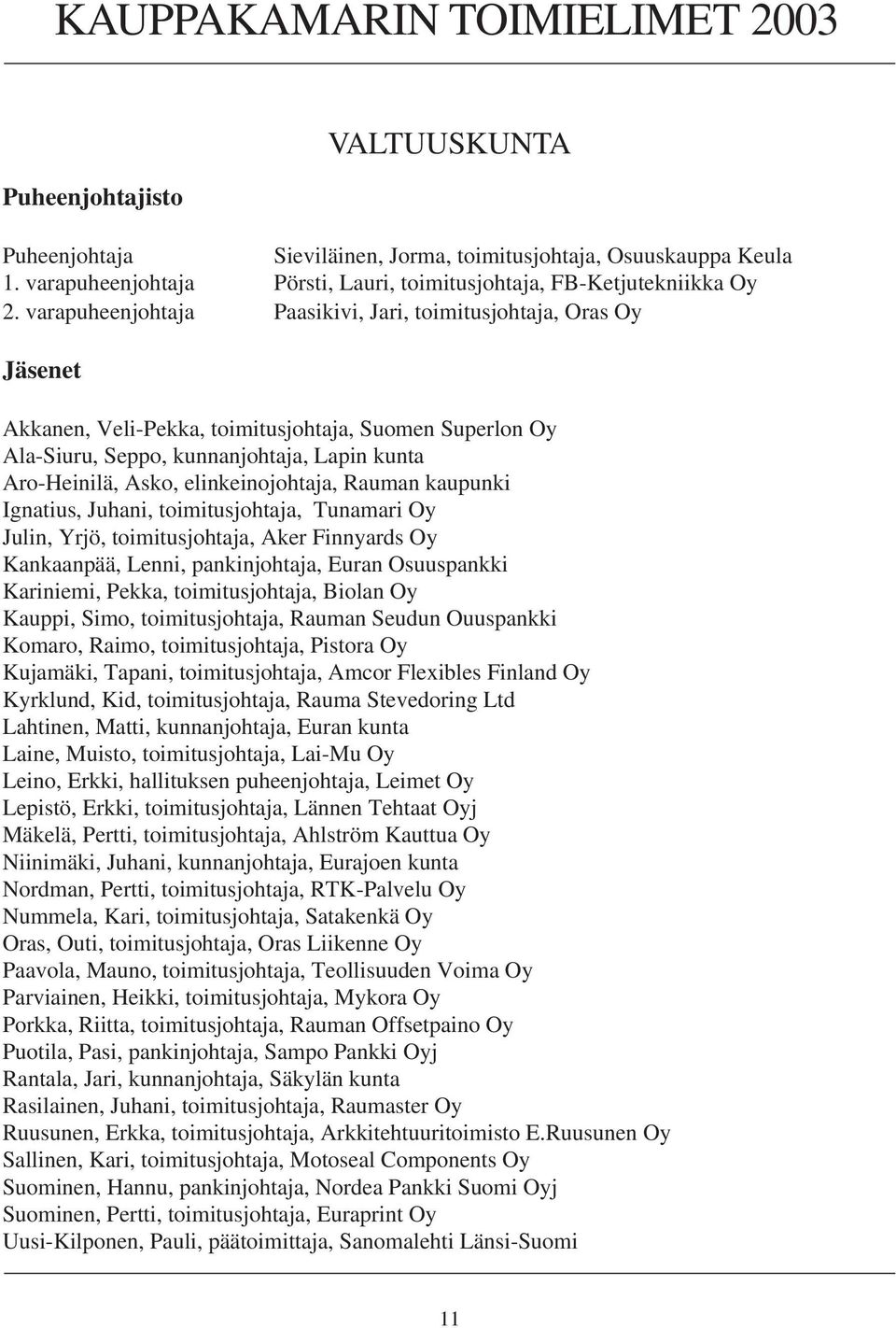 varapuheenjohtaja Paasikivi, Jari, toimitusjohtaja, Oras Oy Jäsenet Akkanen, Veli-Pekka, toimitusjohtaja, Suomen Superlon Oy Ala-Siuru, Seppo, kunnanjohtaja, Lapin kunta Aro-Heinilä, Asko,