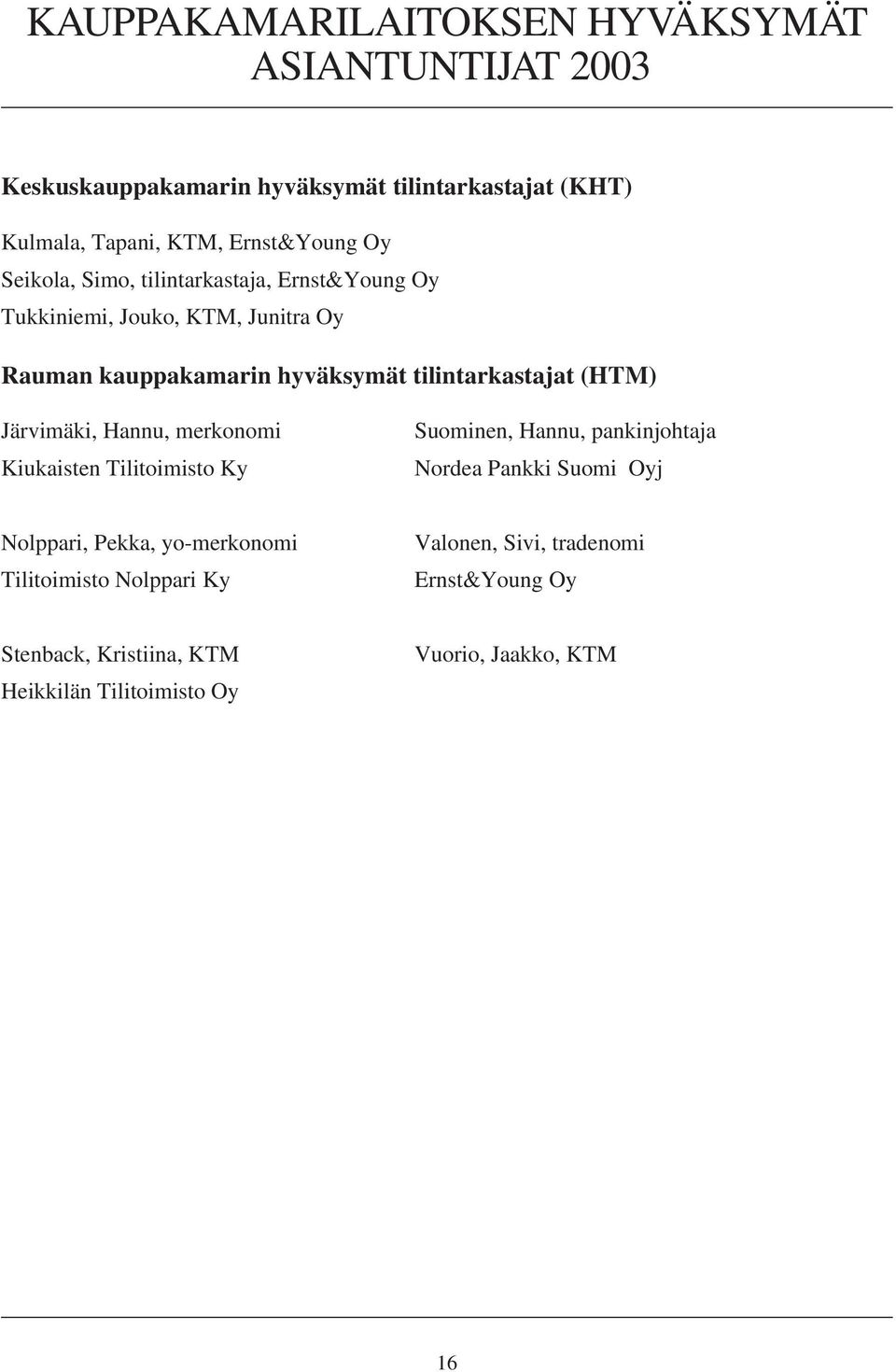 Järvimäki, Hannu, merkonomi Kiukaisten Tilitoimisto Ky Suominen, Hannu, pankinjohtaja Nordea Pankki Suomi Oyj Nolppari, Pekka, yo-merkonomi