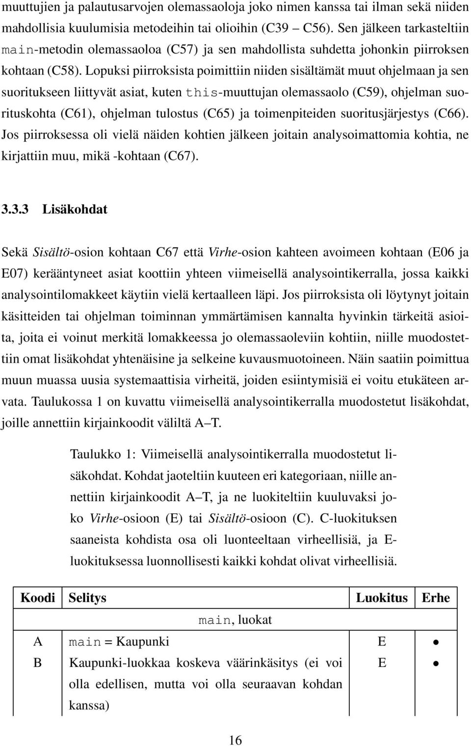 Lopuksi piirroksista poimittiin niiden sisältämät muut ohjelmaan ja sen suoritukseen liittyvät asiat, kuten this-muuttujan olemassaolo (C59), ohjelman suorituskohta (C61), ohjelman tulostus (C65) ja