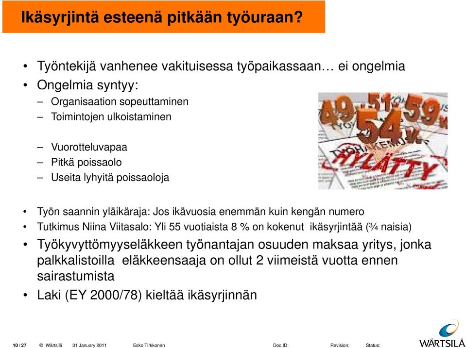 Pitkä poissaolo Useita lyhyitä poissaoloja Työn saannin yläikäraja: Jos ikävuosia enemmän kuin kengän numero Tutkimus Niina Viitasalo: Yli 55