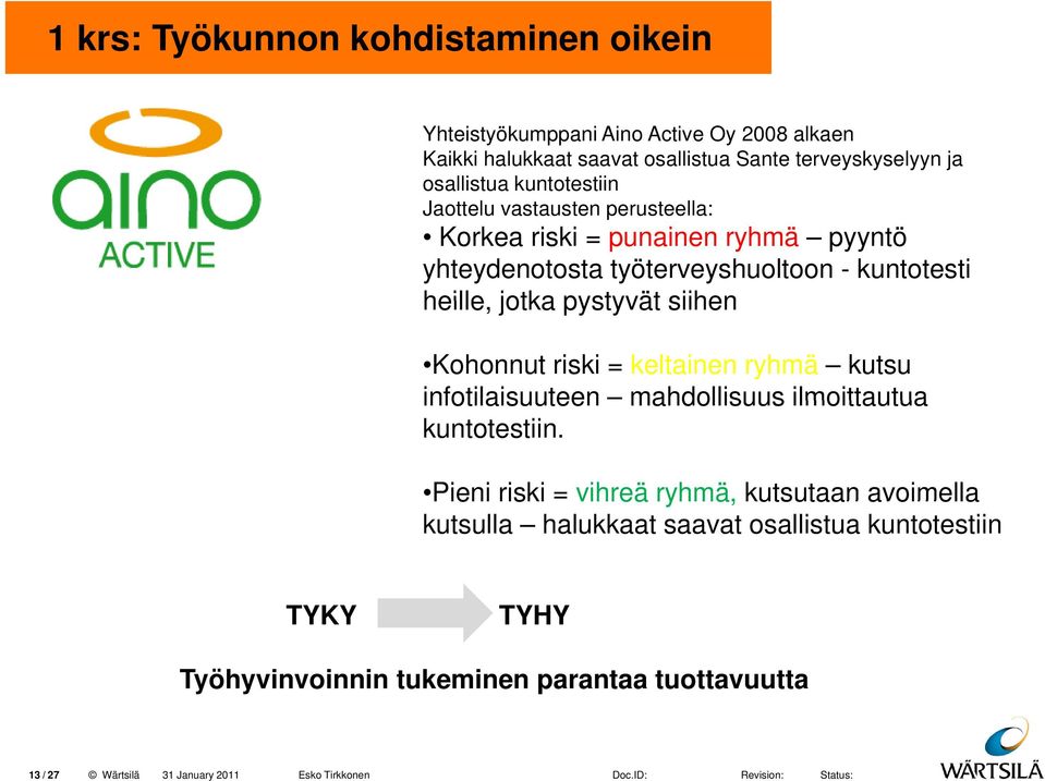 jotka pystyvät siihen Kohonnut riski = keltainen ryhmä kutsu infotilaisuuteen mahdollisuus ilmoittautua kuntotestiin.