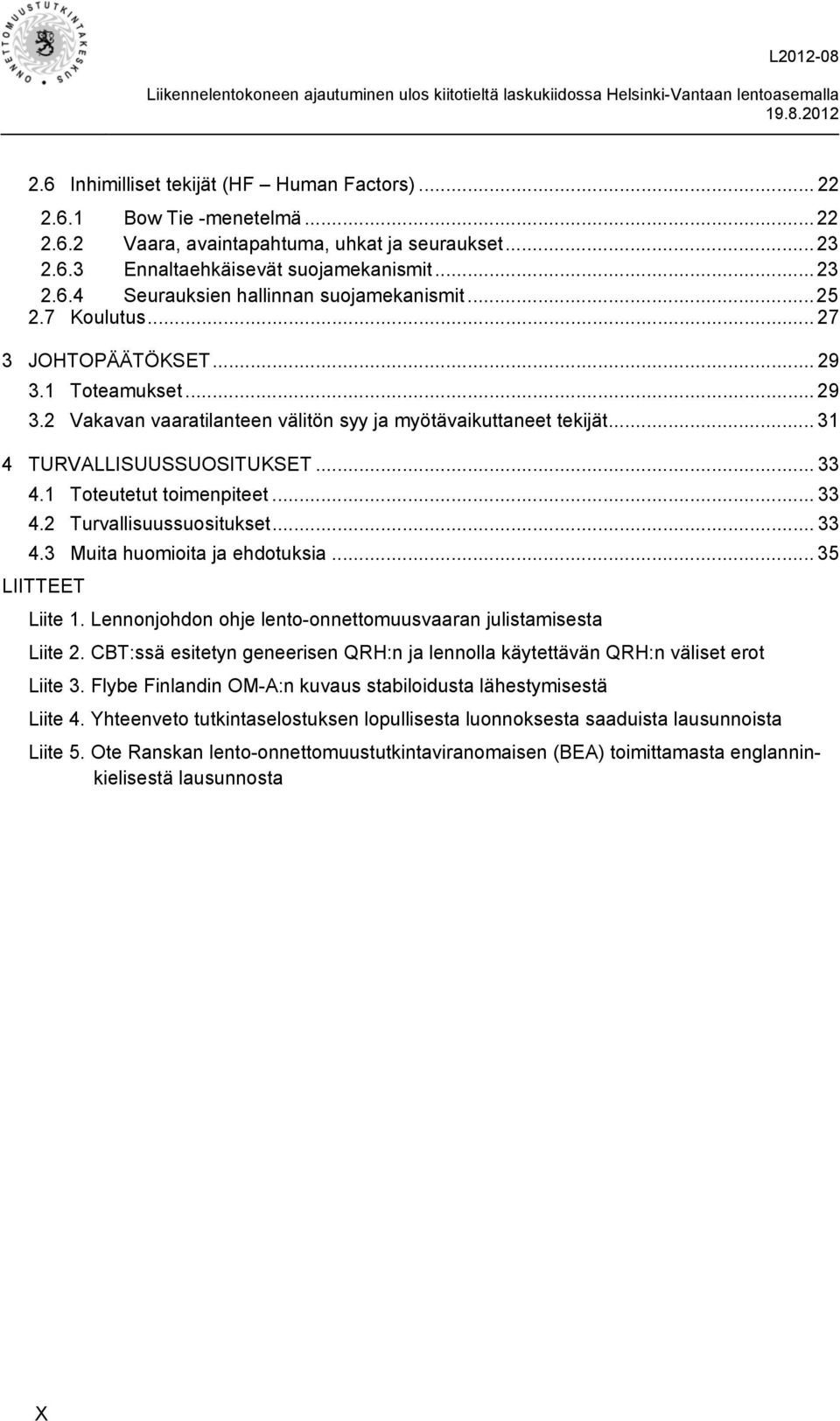 1 Toteutetut toimenpiteet... 33 4.2 Turvallisuussuositukset... 33 4.3 Muita huomioita ja ehdotuksia... 35 LIITTEET Liite 1. Lennonjohdon ohje lento-onnettomuusvaaran julistamisesta Liite 2.