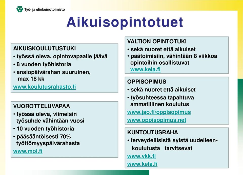 fi VALTION OPINTOTUKI sekä nuoret että aikuiset päätoimisiin, vähintään 8 viikkoa opintoihin osallistuvat www.kela.